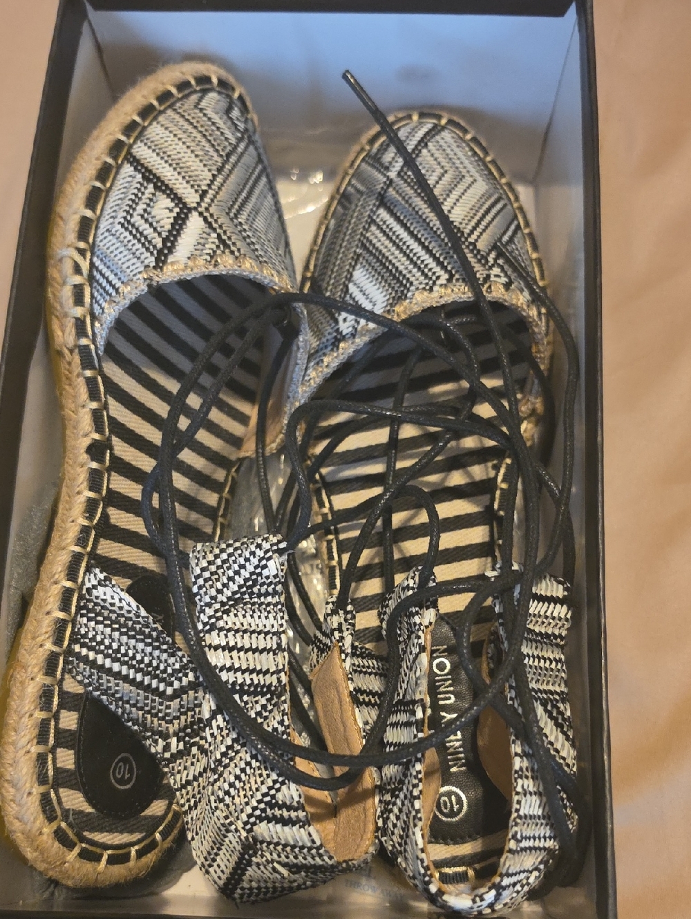 Black & White Woven Lace-Up Espadrille Flats